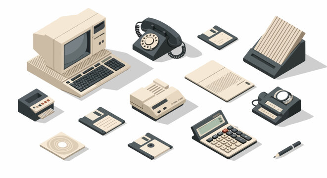 Retro 80s and 90s Technology Isometric Set: Vintage computer, rotary phone, calculator, and floppy disks representing obsolete office equipment.