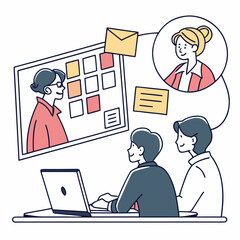 Team collaborating remotely on a project using video conference and digital board