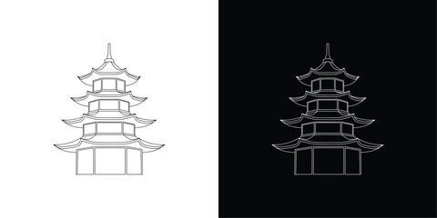Pagoda Temple Line Art Vector, Minimal Black and White Illustration of Asian Architecture for Religion, Culture, and Heritage Concepts