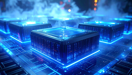 Quantum processors in action: an array of advanced quantum processors hums with vibrant energy. The image exudes an aura of cutting-edge technology and innovation