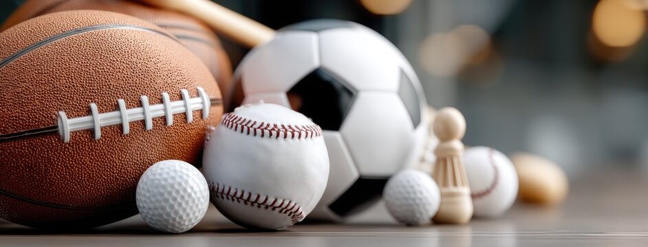 Collection of various sports balls and equipment on a table highlighting a range of athletic activities and games enjoyed worldwide