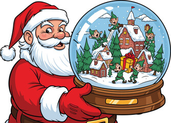 Santa Claus holding magical snow globe with Christmas elves, festive winter illustration showing joy, holiday spirit and celebration magic