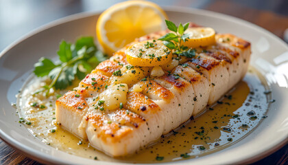 Grilled or seared white fish fillet with lemon butter sauce, garlic pieces, and fresh herbs served on a plate, featuring a bright lemon garnish and close-up detail.
