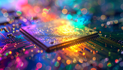 Abstract Microchip in the Realm of Light: A close-up view of a microchip, illuminated with vibrant, multicolored light, symbolizing the dynamic world of technological advancement.