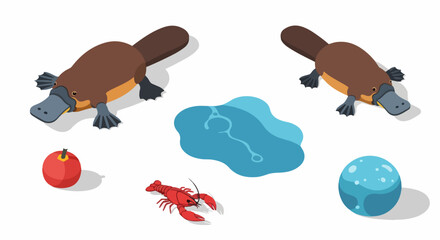 Stylized Isometric Wildlife and Food Elements: Platypus, Lobster, Apple, and Blue Sphere Collection.