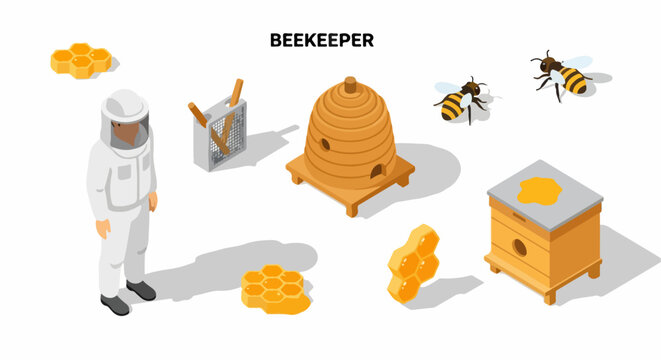 Beekeeping isometric icon set featuring hives, honeycomb, honey bees, professional apiarist, and necessary apiary equipment.
