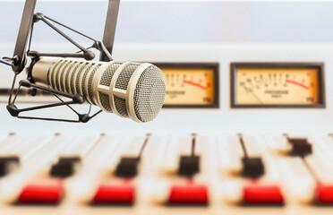 Professional microphone and sound mixer in radio studio