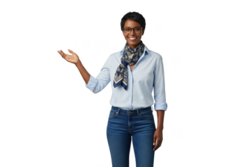 A smiling woman with glasses and a scarf, wearing a blue shirt and jeans, presenting something to the side, isolated on transparent background