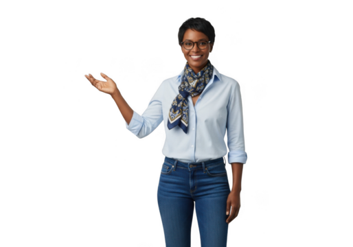 A smiling woman with glasses and a scarf, wearing a blue shirt and jeans, presenting something to the side, isolated on transparent background - Powered by Adobe
