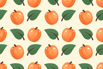 Apricot background. Fruit Seamless pattern. Whole Fresh Apricot with leaf. Repeatable texture with whole juicy vitamin. Vector illustration for print, wallpaper, textile