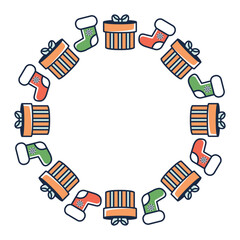 Minimal round Xmas wreath. Vector border with Christmas socks and gift boxes. Vector illustration for stickers, advertising, greeting cards, invitations, festive packaging
