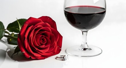 Elegant close-up of red rose, red wine glass, and diamond ring on white table in soft studio lighting — minimalist editorial composition with refined romantic mood