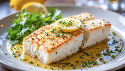 Pan-seared fresh white fish fillets served in a rich lemon butter sauce with fresh parsley and a bright citrus slice topping.