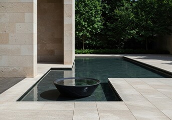 Geometric water basin surrounded by polished stone surfaces, creating a calm reflecting pool and modern landscape architecture ,perspective ,built water ,cooling