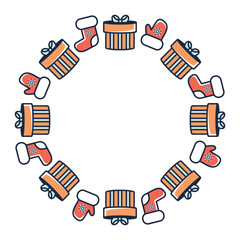 Minimal round Xmas wreath. Flat vector border with Christmas socks, winter clothes and gift boxes. Vector illustration for stickers, advertising, greeting cards, invitations, festive packaging