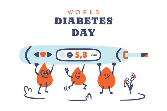 Diabetes day. Cute blood drops holding glucometer showing normal blood sugar level. Concept of diabetes care, medical awareness,  healthy lifestyle. Comic characters with blood monitoring. Vector