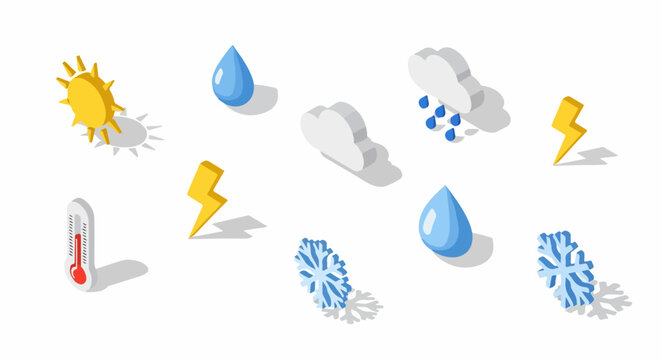 Isometric 3D Weather Icons Set: Sun, Rain, Clouds, Lightning, Thermometer, and Snowflakes on White Background
