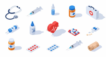 Essential Isometric Medical Supplies Set: Stethoscope, Syringe, Pills, First Aid Kit, and Heart Health Icons.