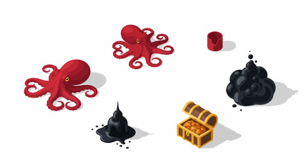 Isometric set of ocean elements featuring red octopuses, squid ink blobs, a treasure chest filled with gold, and marine items on white.