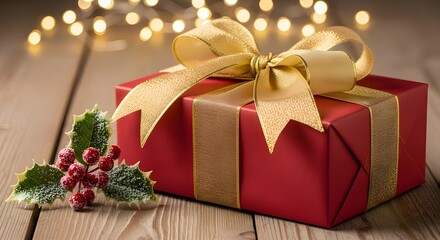 Red Gift Box with Gold Ribbon on Wooden Table