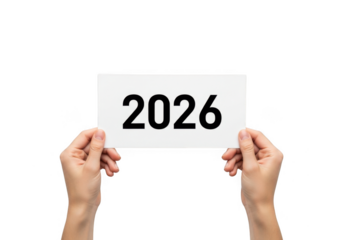 Hands holding a white card with the year 2026 written in bold black numbers, isolated on transparent background