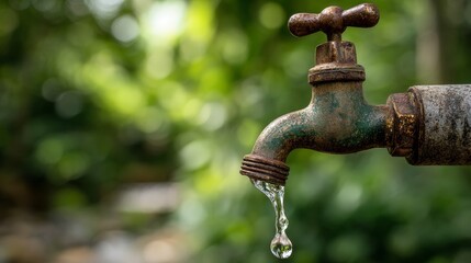 Rusty key with water falling against a natural background