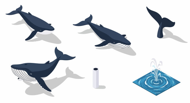 Isometric Whale Set: Various Views of Humpback or Blue Whales Swimming, Diving Tail Fluke, and Water Spout Effect Illustration.