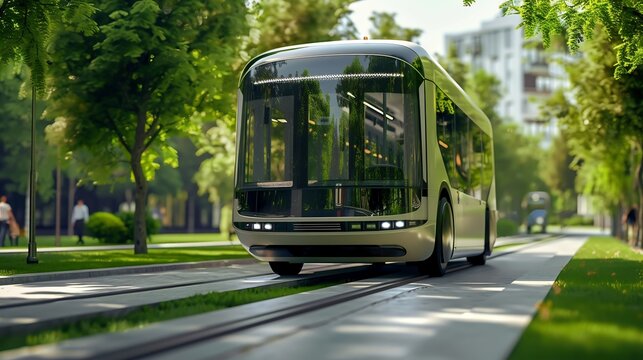 Futuristic autonomous electric bus traveling down a tree-lined street with an elegant design
