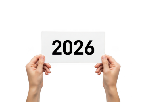 Hands holding a white card with the year 2026 written in bold black numbers, isolated on transparent background - Powered by Adobe