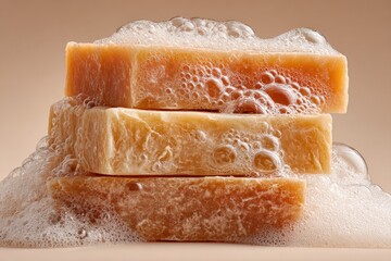 Three Soap Bars Stacked Ultra-Realistic - Handmade Artisan Soap Product Photography Clean Professional