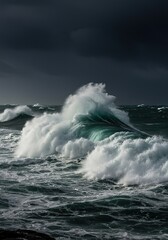 Gigantic ocean waves crash violently under a dark, ominous sky, illustrating the raw power and destructive force of a severe marine storm ,dark ,challenging ,dramatic