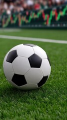 Fototapeta premium Soccer ball resting on green artificial turf at a match venue during a sunny day