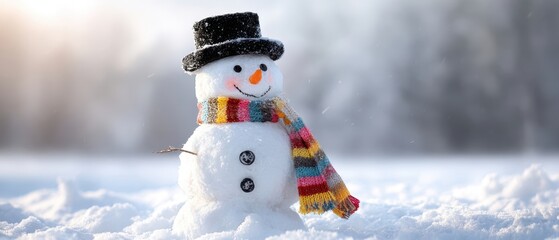 The Snowman Wearing a Colorful Scarf and Top Hat in Winter Sunlight