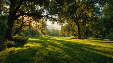 Fototapeta premium Beautiful Green Grass Park Sunlight - Nature Landscape Photography Peaceful Natural Environment Outdoor Scene