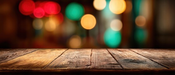 The Wooden Table in a Warm Bokeh Bar Background for Product Display