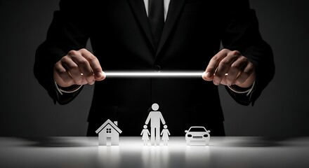 Professional holding a glowing line above family, house, and car icons, symbolizing protection and comprehensive insurance coverage for assets and loved ones.