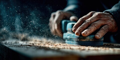 Electric Sander Hands Wood Surface - Close-Up Woodworking Craft Professional Carpentry Detail Work Precision