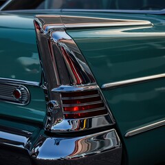 Gleaming chrome accents highlight the enduring charm of a classic vehicle's aged rear design, evoking timeless elegance ,nostalgia ,aged ,taillight
