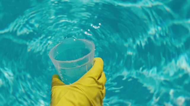 Person wearing yellow glove holds measuring cup above bright turquoise pool water while preparing chemical treatment for cleaning and algae prevention.