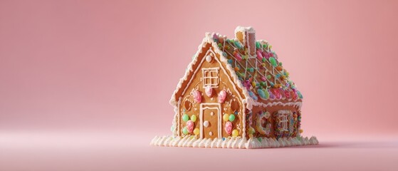 The Gingerbread House Covered in Colorful Candy and Icing on Soft Pink Background