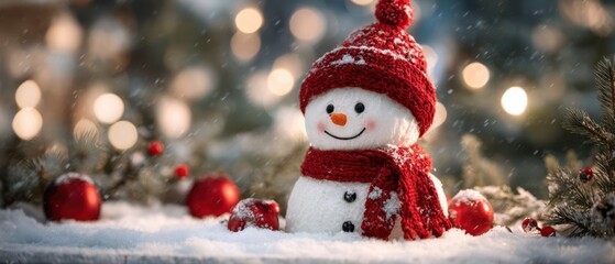 The Snowman Wearing a Red Hat and Scarf in Snowy Holiday Scene