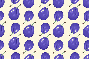 Fruits Seamless pattern. Plum background. Fresh ripe Plums. Repeatable texture with juicy vitamin. Vector illustration for print, wallpaper, textile, packaging, backdrop