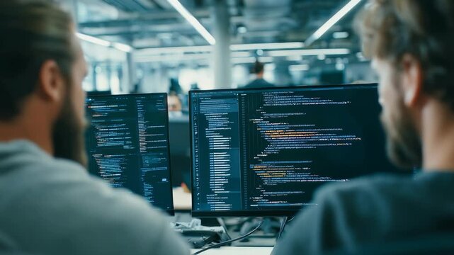 Professional programmers work together on software development, analyzing code on computer screens in a contemporary workspace. The environment emphasizes collaboration and digital expertise - Powered by Adobe