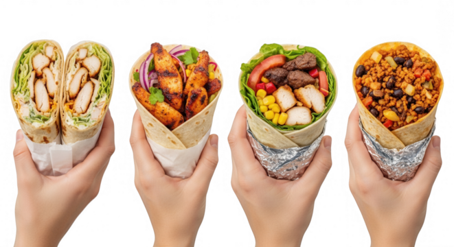 Assorted wraps with chicken and beans isolated on a transparent background