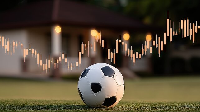 Soccer ball resting on green grass with a fluctuating stock market chart overlay at dusk near a home