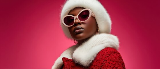 The Fashion Model in Red Fur Coat and Retro Sunglasses Posing Confidently