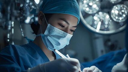 Focused Female Surgeon Using High-Tech Tools in Modern Operating Room