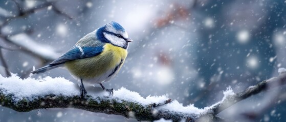 The Blue Tit Perched on a Snow Covered Branch in Soft Falling Snow