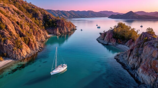 Serene Twilight Drone View Of A Tranquil Bay With Sailboats Anchored In Crystal Clear Turquoise Water And Rocky Shorelines Bathed In Golden Hour Light