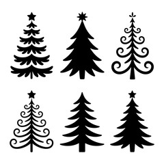 Obraz premium Set of six black silhouette Christmas tree icons with star toppers isolated on a plain white background for holiday design.